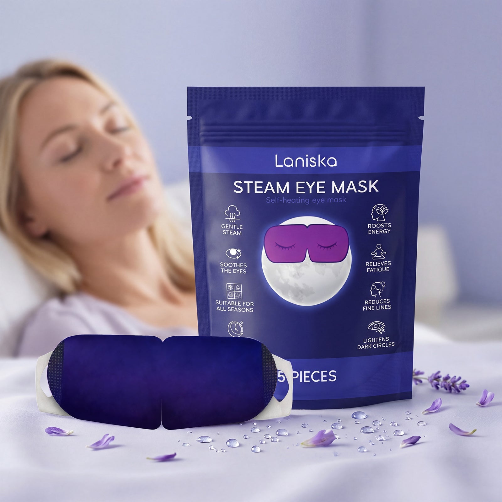 Steam eye mask with lavender flowers in a soft relaxing bedroom setting