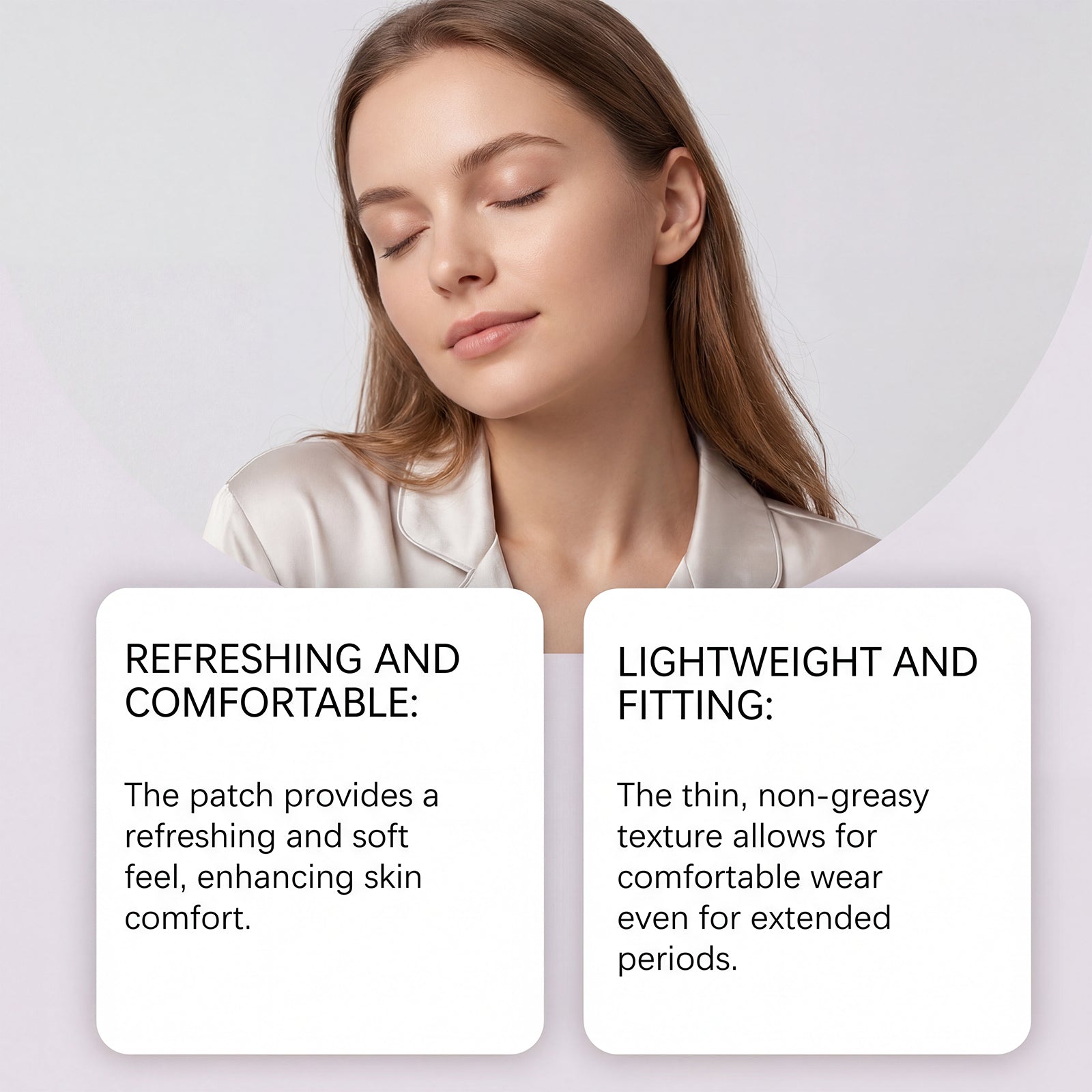 Woman relaxing with eyes closed showcasing lightweight and comfortable steam eye mask