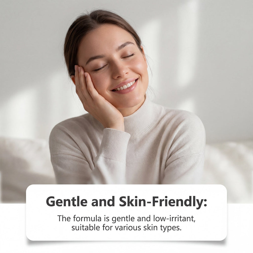 Woman smiling with eyes closed showing gentle skin-friendly steam eye mask experience