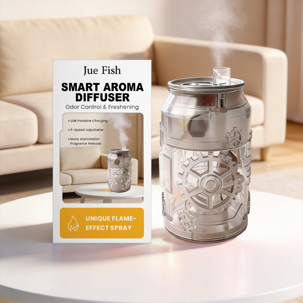 Aroma diffuser placed on a white coffee table in a cozy living room setting