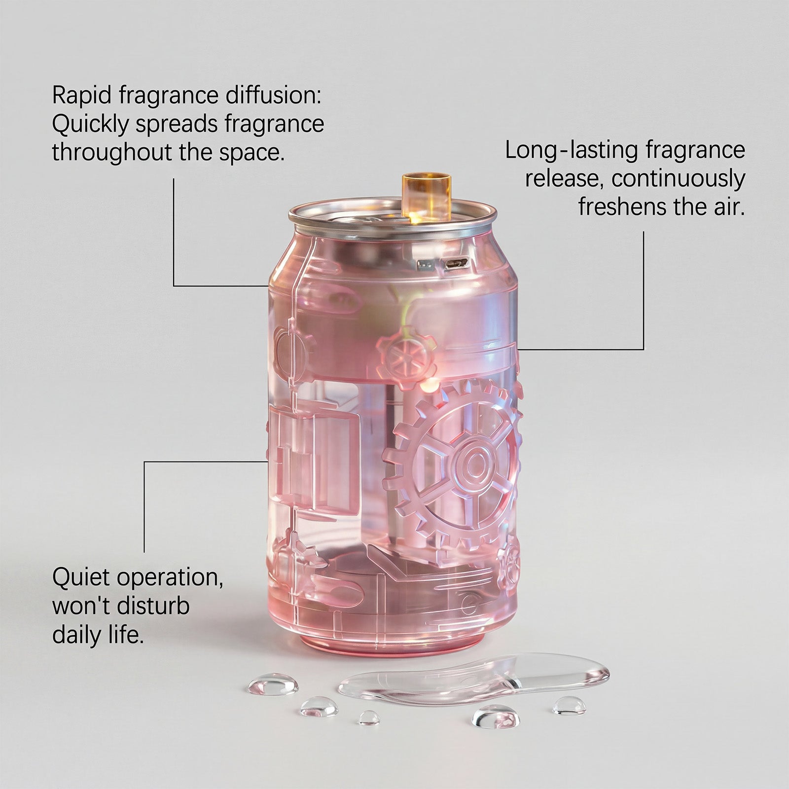 Aroma diffuser product diagram showing quiet operation and fragrance diffusion features