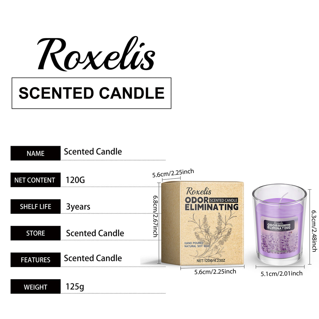 Product specification sheet showing lavender scented candle dimensions and weight details