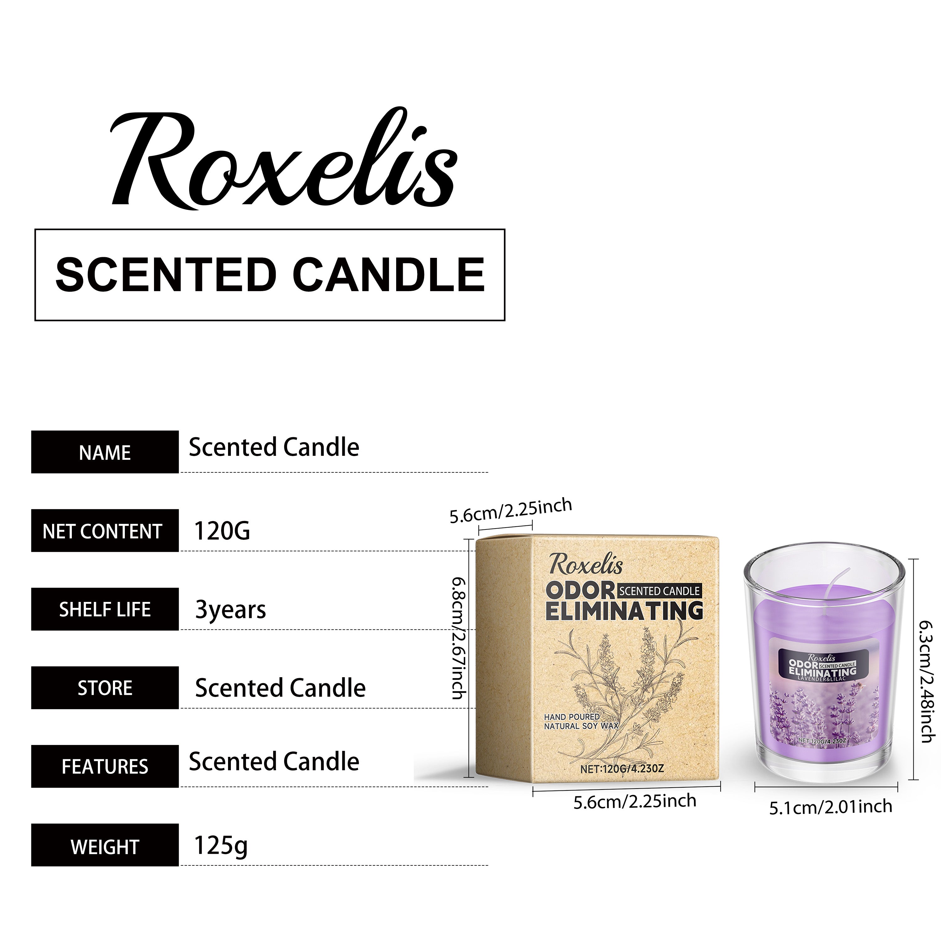 Product specification sheet showing lavender scented candle dimensions and weight details