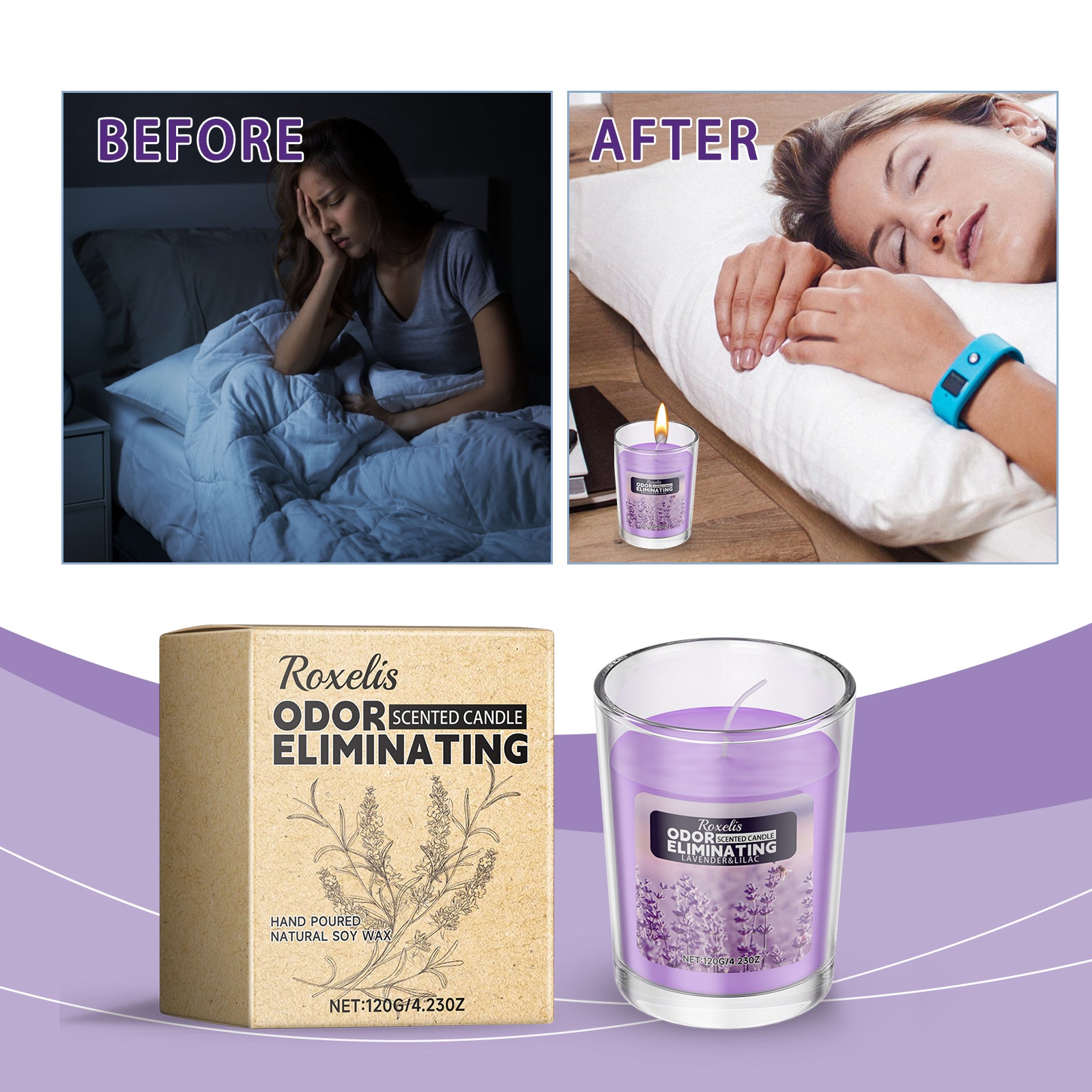 Lavender scented candle and gift box on soft purple background with split lifestyle panel showing evening mood comparison