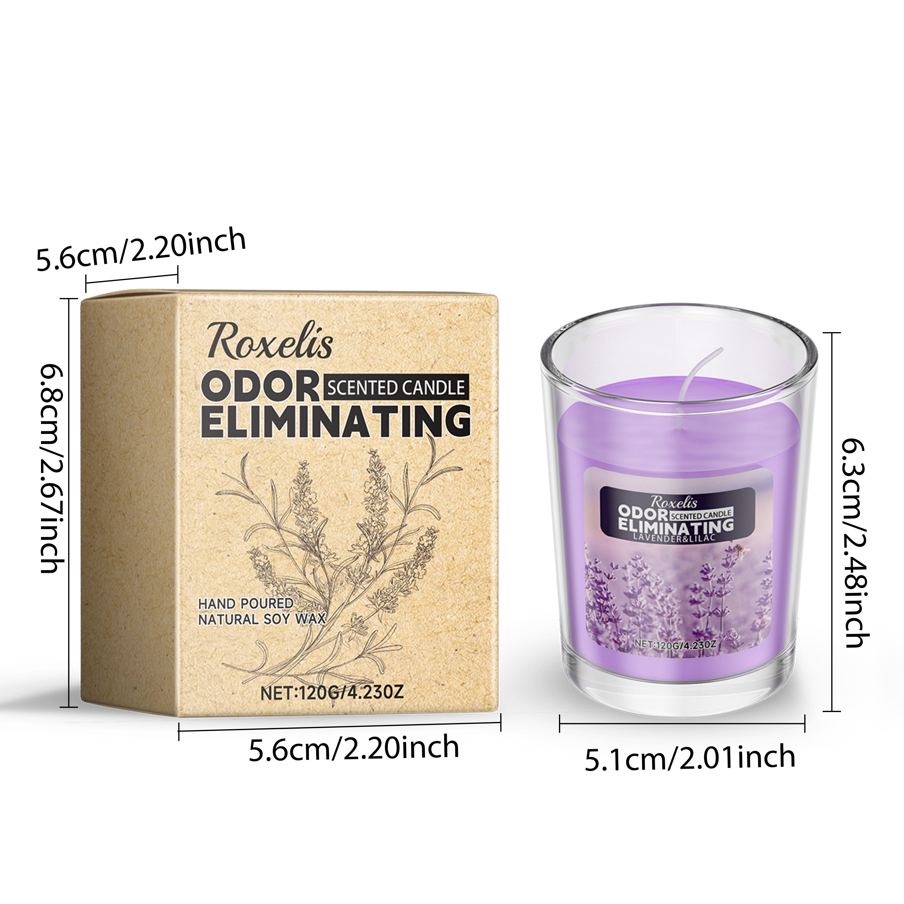 Lavender scented candle glass jar and box with size measurements shown side by side