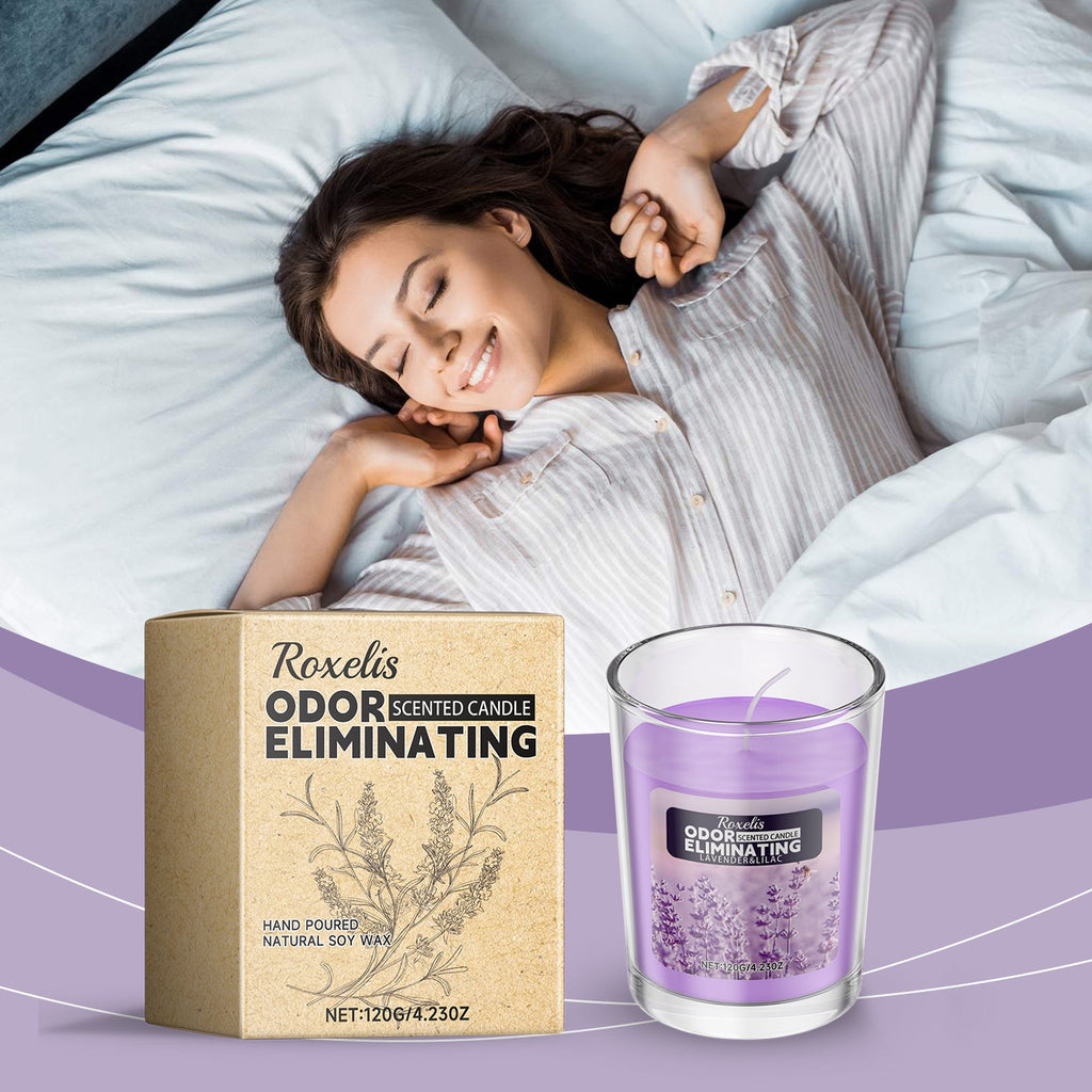 Woman resting peacefully on white bedding alongside lavender scented candle for evening routine