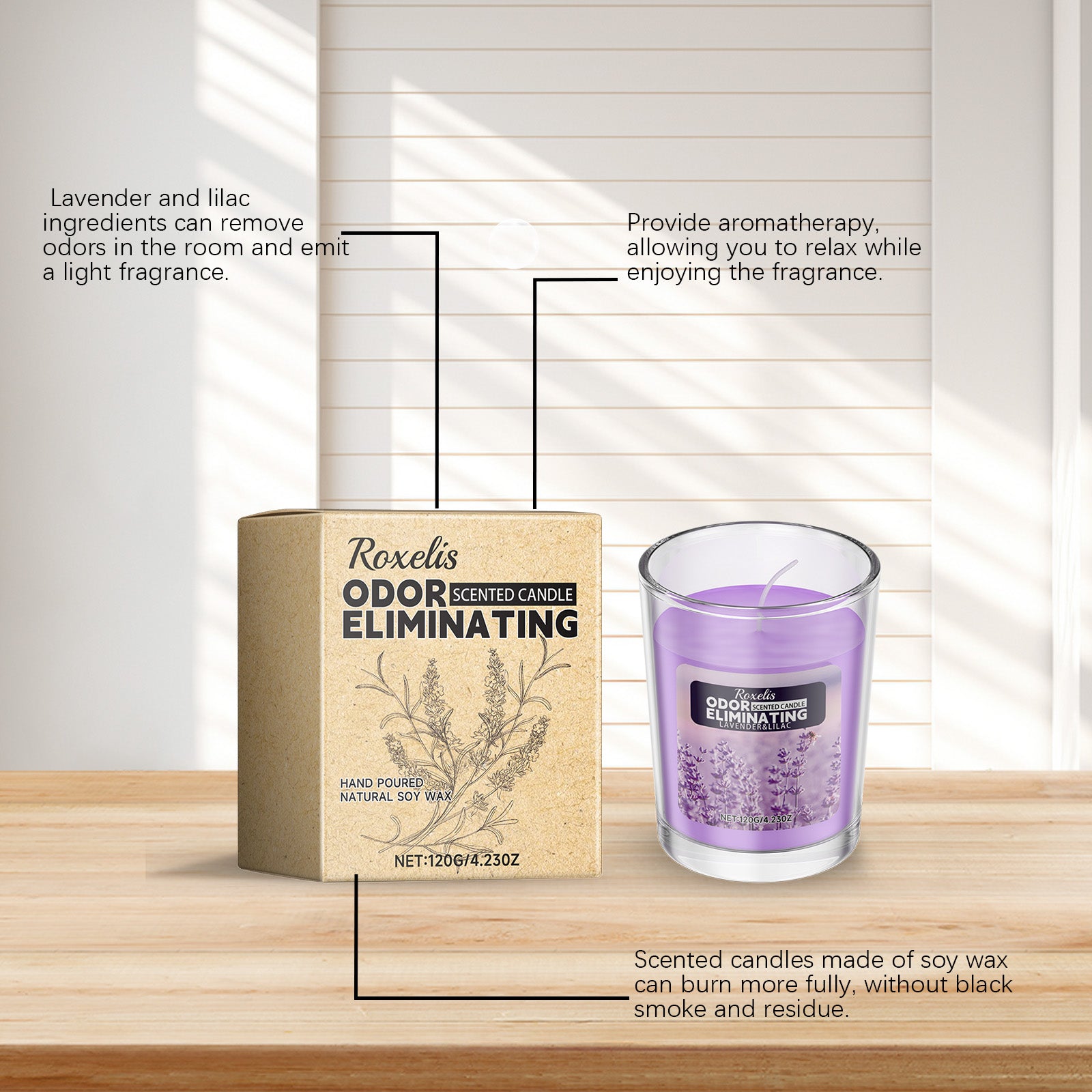 Lavender scented candle and box displayed on wooden table with soft natural light background